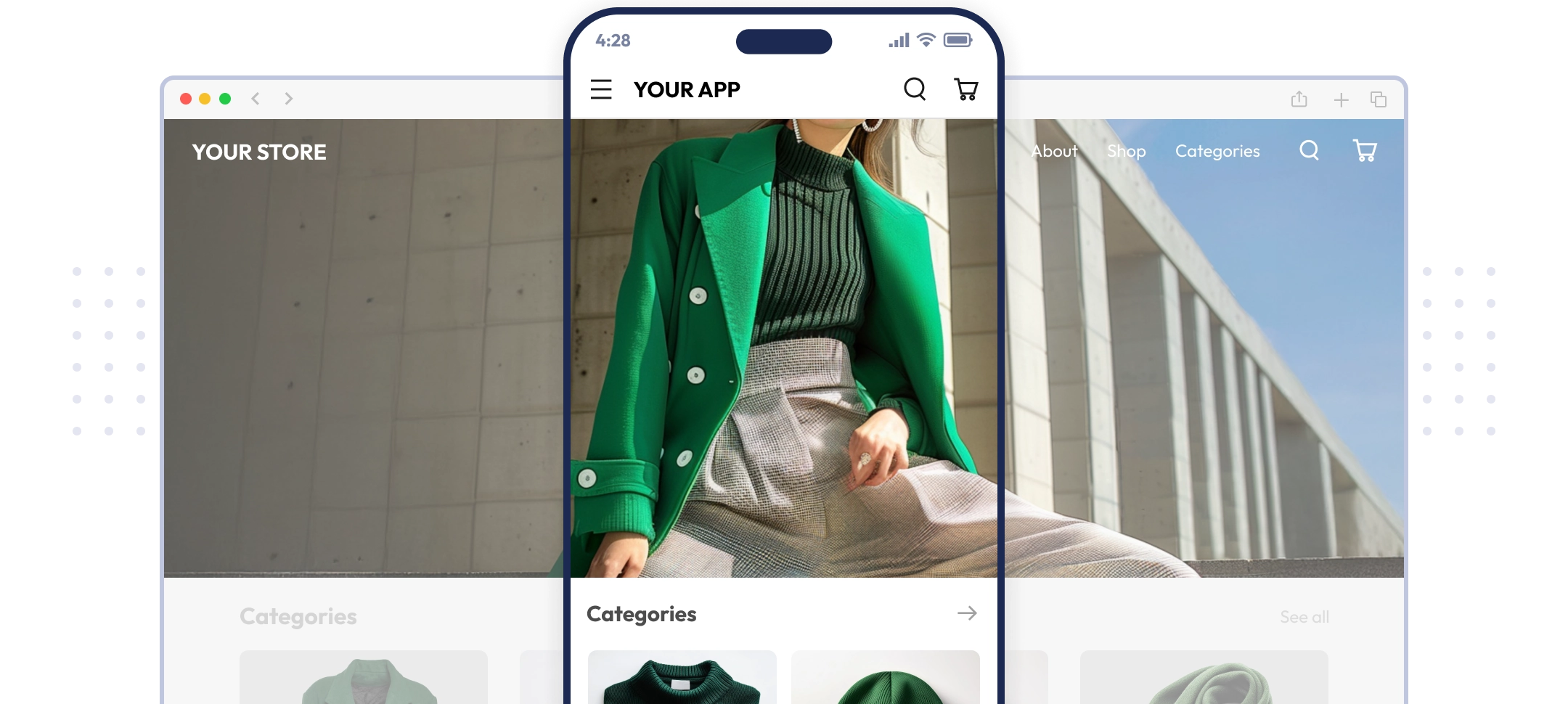 Shopify website and mobile app shown side by side.