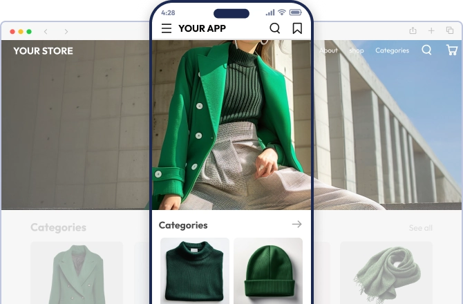 Shopify website and mobile app shown side by side.