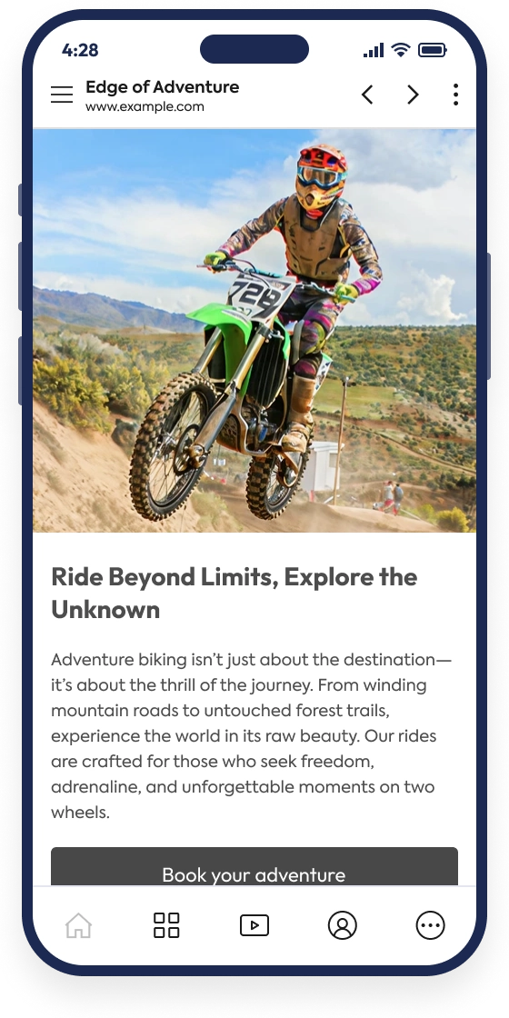 Website-to-app preview showing the mobile app experience on a phone screen