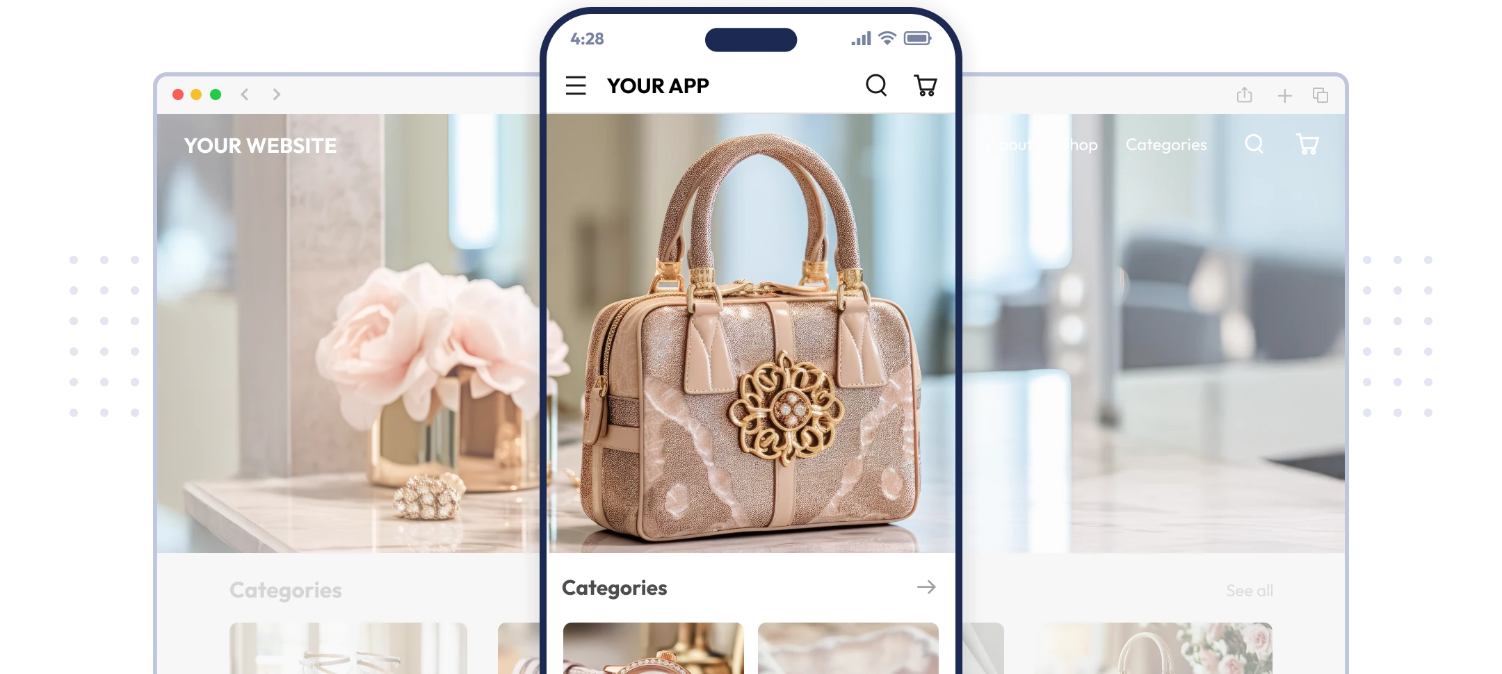 WooCommerce website and mobile app shown side by side.
