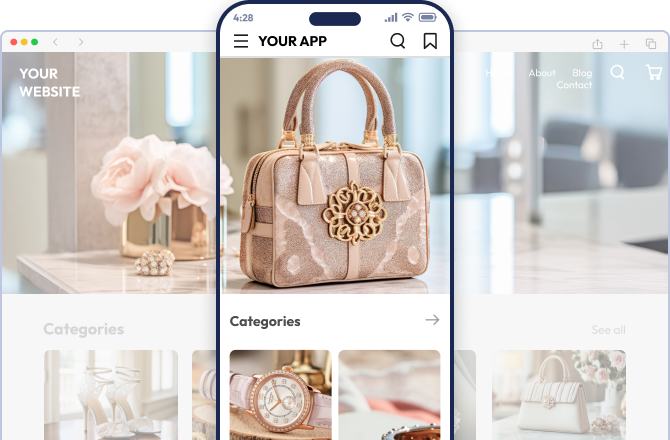 WooCommerce website and mobile app shown side by side.
