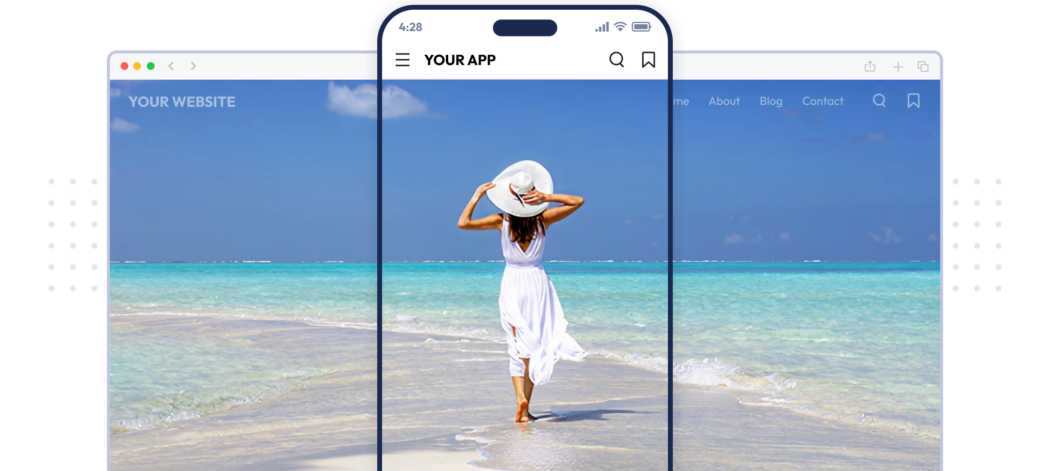 WordPress website and mobile app shown side by side.