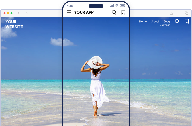 WordPress website and mobile app shown side by side.