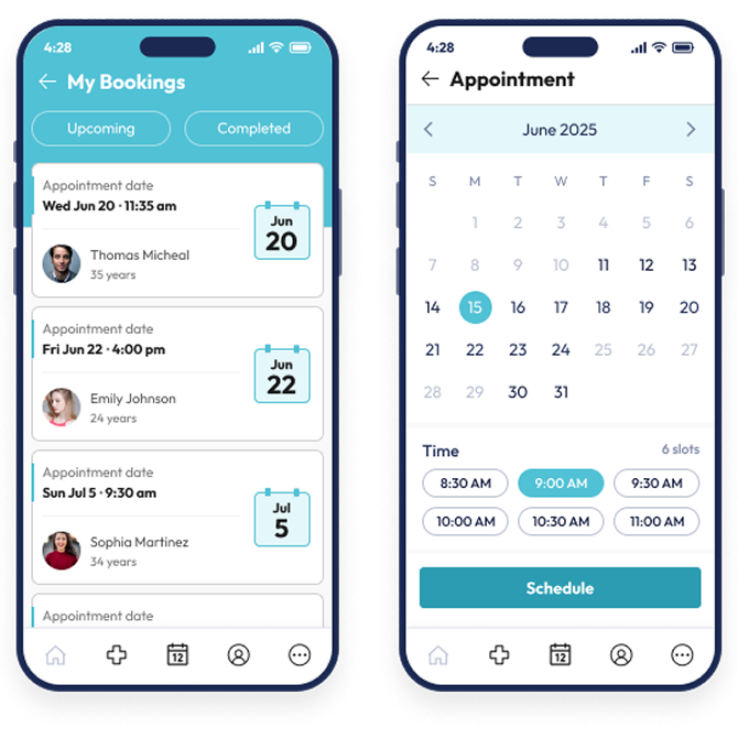 Appointment booking app mobile screens