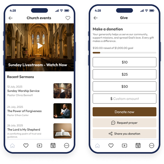 Church and religious app mobile screens