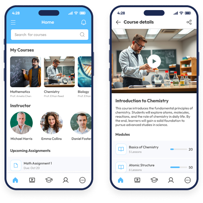 Education app mobile screens