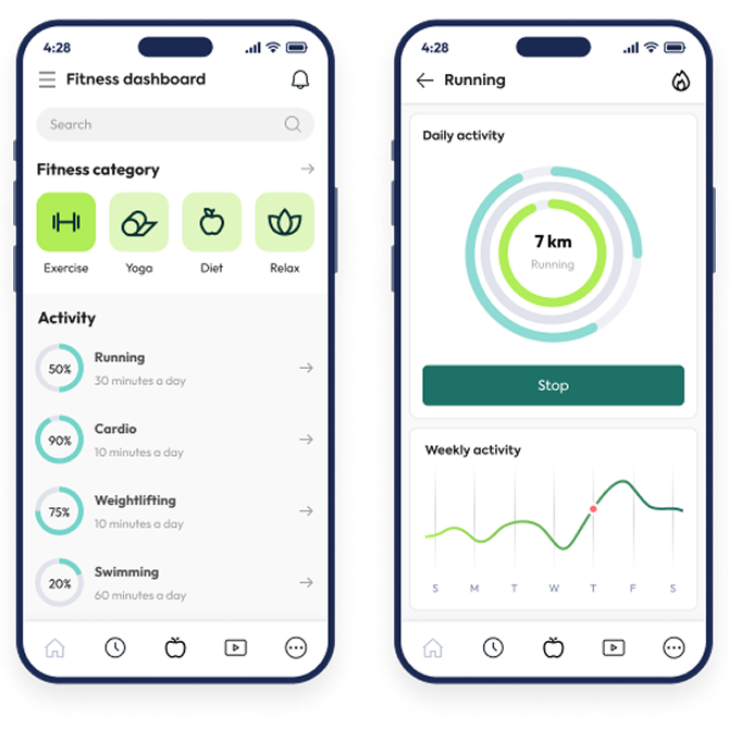 Fitness app mobile screens