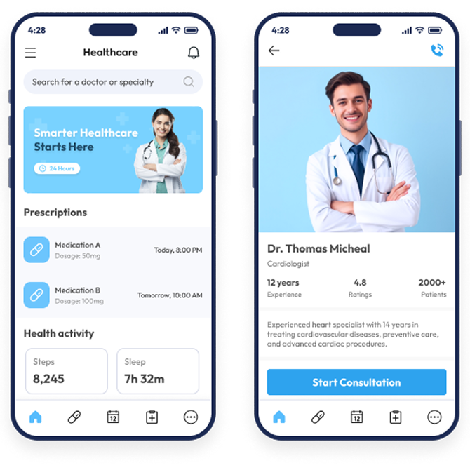 Healthcare app mobile screens