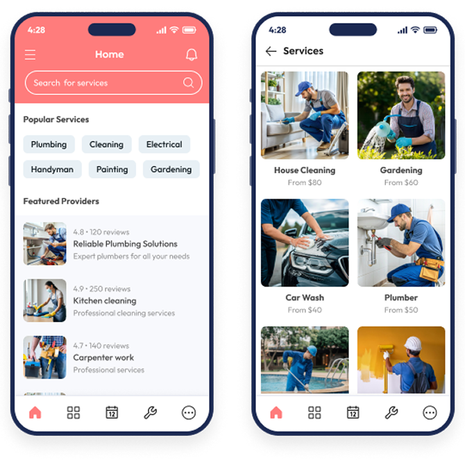 Home services app mobile screens