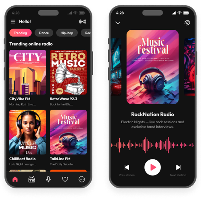 Podcast and radio app mobile screens