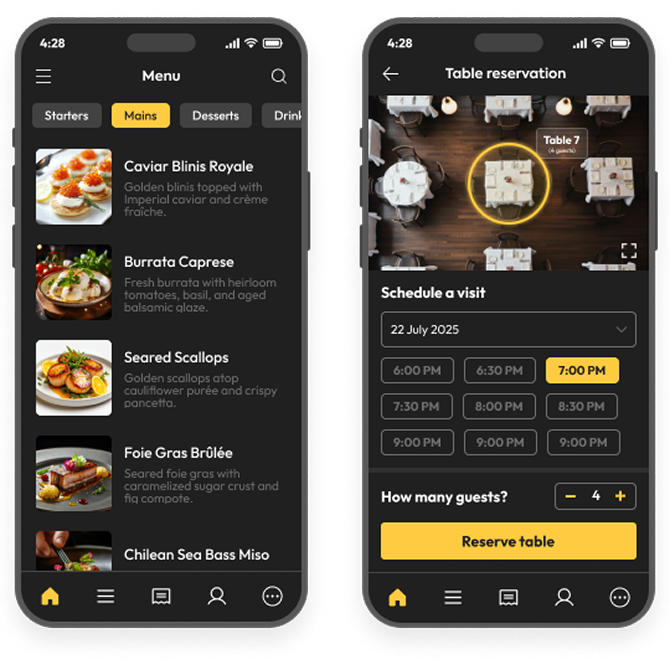 Restaurant app mobile screens