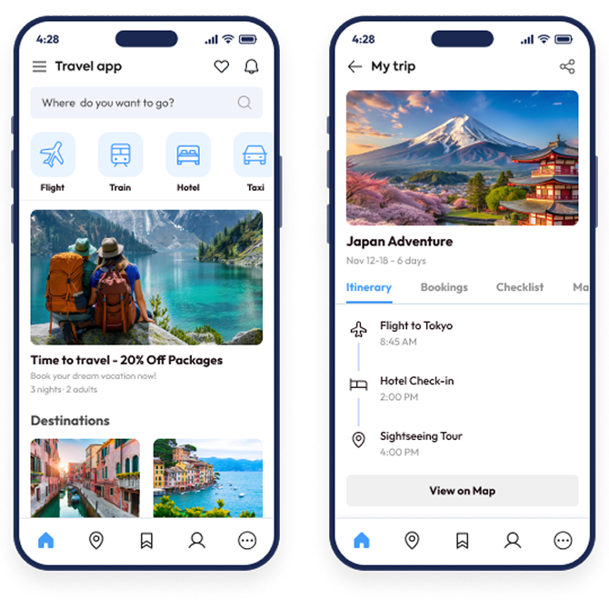 Travel app mobile screens