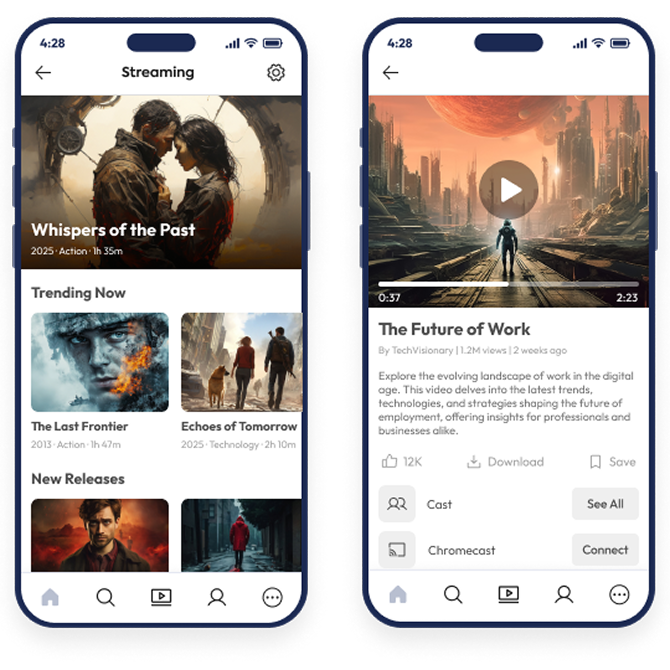 Video streaming app mobile screens